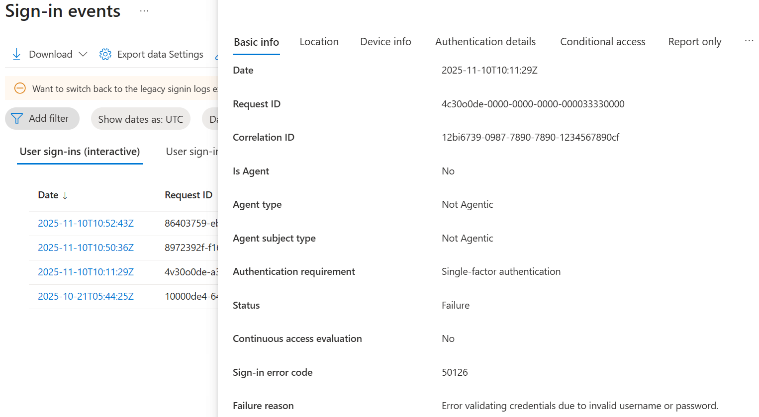 Invalid Username and Password Sign-in Error
